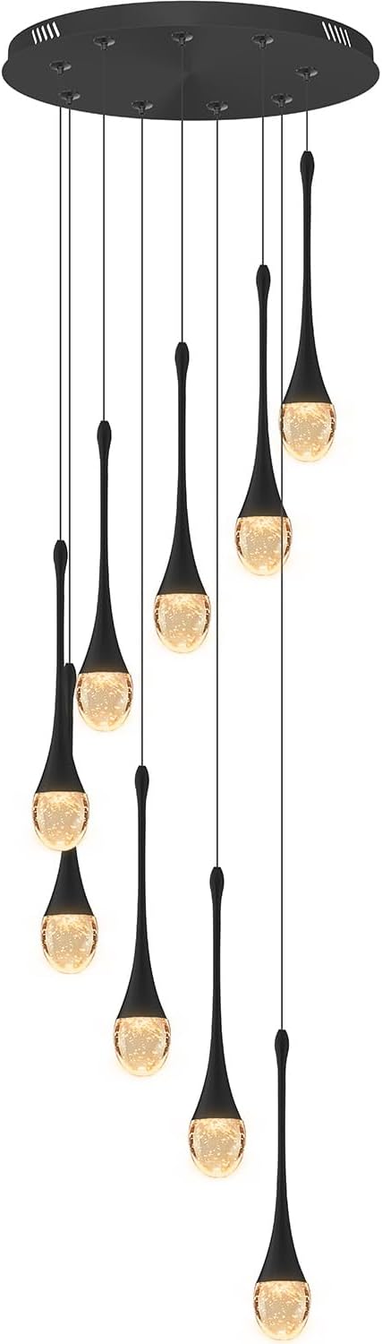 ykolupty 9-Lights Black Pendant Chandliers 100'' High Staircase Ceiling Chandeliers Crystal Bubble Raindrop Lighting Chandelier Ceiling Living Room Dimmable 2700-6000k LED Dining Lighting