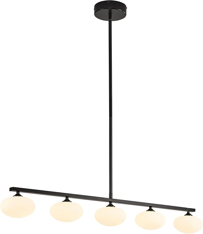 5-Light Linear Chandelier, Black Kitchen Island Light, Mid Century Globe Chandelier, Dining Room Light Fixture with Milk Glass Shades