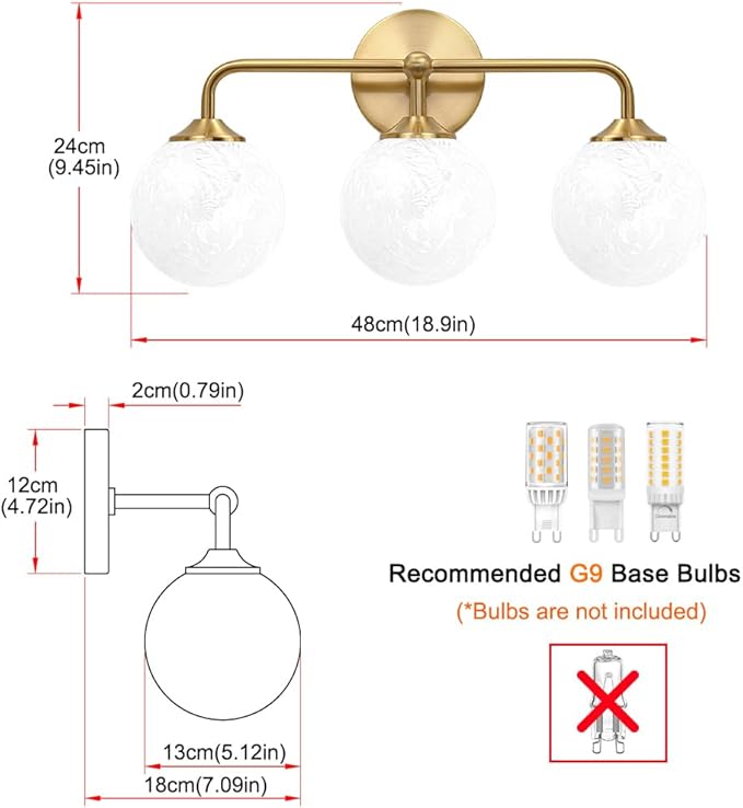 Modern Brushed Gold 3-Lights Vanity Light Fixtures with Carved White Glass Ball Shades, Mid Century Brass Wall Sconce Lighting Fixtures over Mirror, Wall Sconces for Bathroom Dressing Table Bedroom