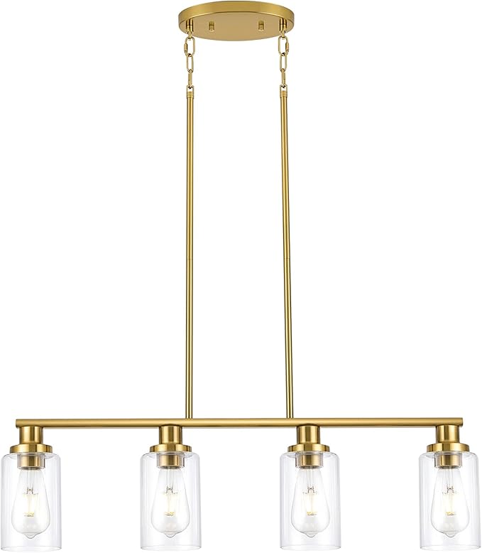 Kitchen Island Lighting, 4-Light Dining Room Light Fixtures Over Table,Gold Linear Chandelier for Dining Room Hanging,Pendant Lights Kitchen Island with Clear Glass Shade