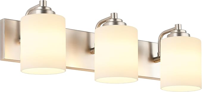 SOLFART Modern Brushed Nickel 3 Light Vanity Sconces for Bathroom, Milky Glass Globe Bathroom Light Fixtures, 3 Lights Over Mirror Wall Mount Lighting (Bulbs Not Included)