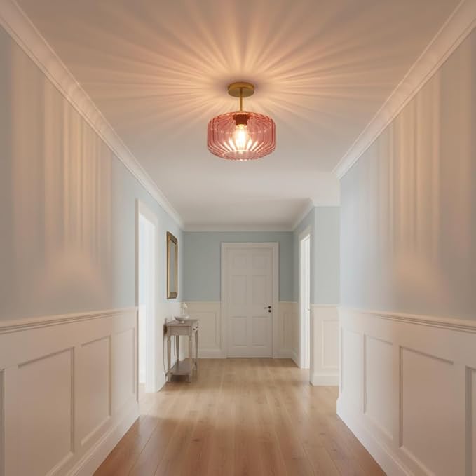Art Deco Purple Ceiling Light Glass Semi-Flush Mount with Gold Finish, Bedroom Light Fixtures for Bathroom Living Room Entryway Closet Light