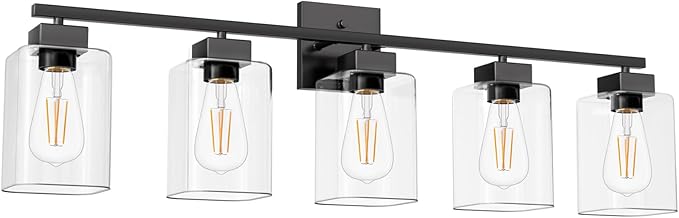 Espird 5 Light Bathroom Vanity Light - Matte Black Bathroom Light Fixtures Square Design & UL Certification, 31 Inch Black Bath Room Lighting Fixtures Over Mirror for Living Room & Bedroom & Restroom