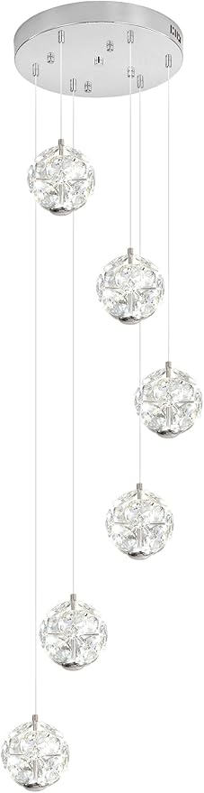 ykolupty LED Staircase Chandelier Modern Crystal Globe Pendant Light Crystal Chandeliers for High Ceilings, Hanging Lighting Fixture for Villas Foyer Hallway Entryway (6-Lights)