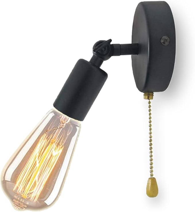 Adjustable Retro Wall Sconce Light with Pull Chain Switch Vintage Black Wall Lights Fixture with On Off Switch E26 Indoor Wall Lamps for Home Bedroom Kitchen Wall Mount ighting, NO Bulb