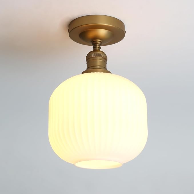 Pathson Vintage Flush Mounted Ceiling Light with Milk White Glass, Brushed Brass Modern Ceiling Lamp Fixture for Farmhouse Hallway Foyer Loft Living Room Bedroom