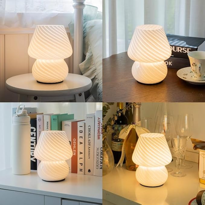 ULAROOM Battery Operated Mushroom Lamp - Vintage Small Table Lamp with Timer, Cordless Bedside Nightstand Lamp, Glass Battery Powered Lamp for Bedroom Kitchen Living Room Shelf Decor Aesthetic White