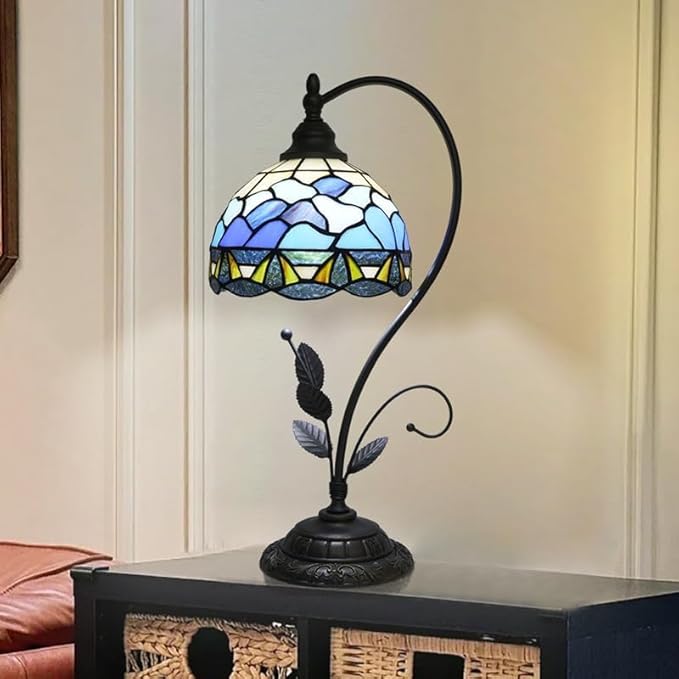 Blue Ocean Shell Style Tiffany Stained Glass Metal Leaf Base Table Lamp Retro Bedroom Bedlight Living Room Dining Room Home Decoration Desk Lamp