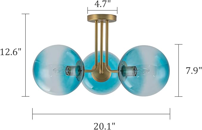 Lingkai Brass Gold Semi Flush Mount Ceiling Light,3-Lights Mid Century Modern Light Fixtures Ceiling Globe Glass Gold Sputnik Chandelier with Gradient Blue Shade for Living Room Bedroom Hallway