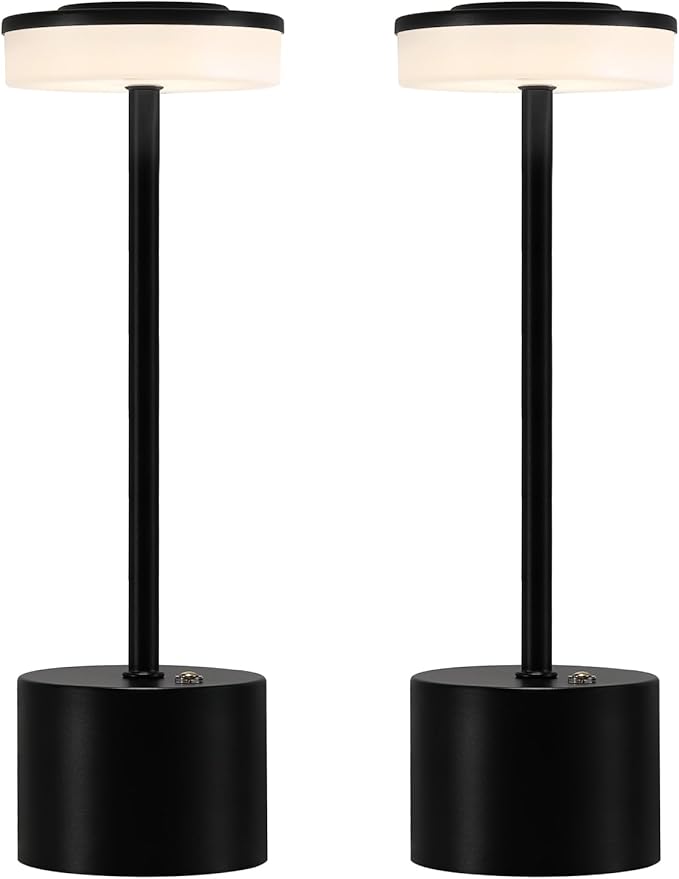 AIHYING 2 Pack Black Cordless Table Lamp Portable LED Desk Lamp 5000mAh Battery Operated 3 Color Stepless Dimming Up for Restaurant Bedroom Bars Outdoor Party Camping Coffee Shop Night Light