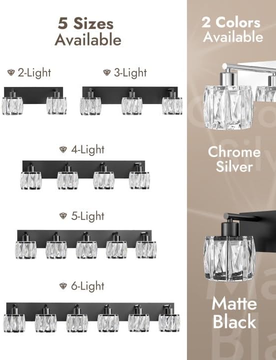 VOLISUN Crystal Vanity Lights for Bathrooms, 2 Light Bathroom Vanity Light, Modern Matte Black Bathroom Light Over Mirror, Black Bathrooms Lights Fixtures-UL Certificated(Exclude Bulb)