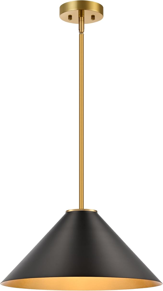 15.7 Inch Modern Pendant Lights Kitchen Island, Black and Gold 1-Light Single Pendant Lighting Fixtures, Metal Cone Farmhouse Ceiling Hanging Light for Dining Room Over Sink Table Hallway