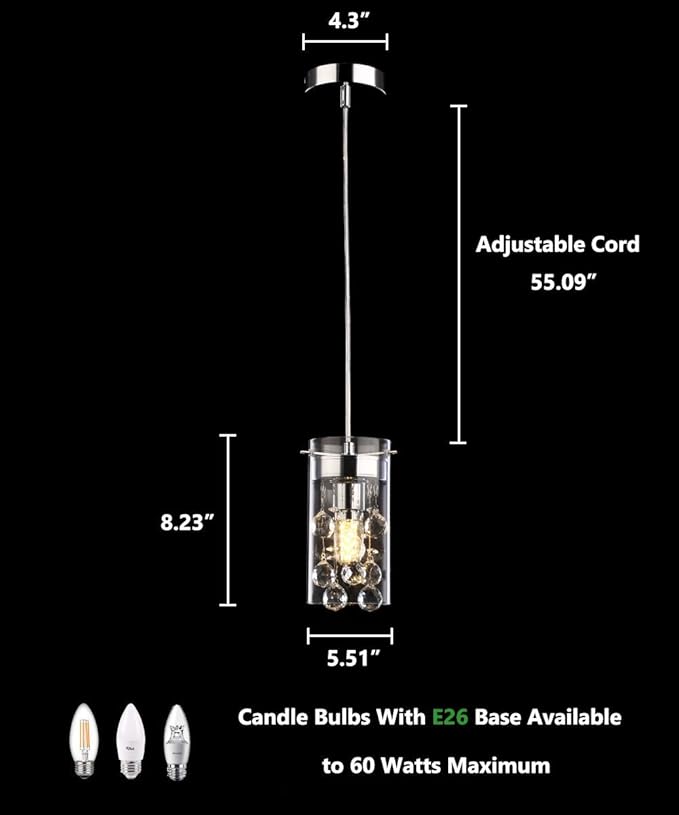 Crystal Pendant Light,Modern Kitchen Island Pendant,3 Pack Pendant Lights for Kitchen Island,Adjustable Chrome Pendant Light for Kitchen Dining Room Bedroom