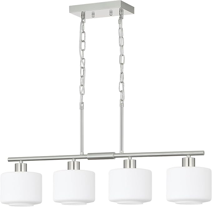 4-Light Brushed Nickel Kitchen Island Lighting, Modern Linear Dining Room Chandelier Light Fixtures with Milk Glass and Chain, Mid Century Hanging Lights for Kitchen Island, OS-YQ8153-4ISBNW