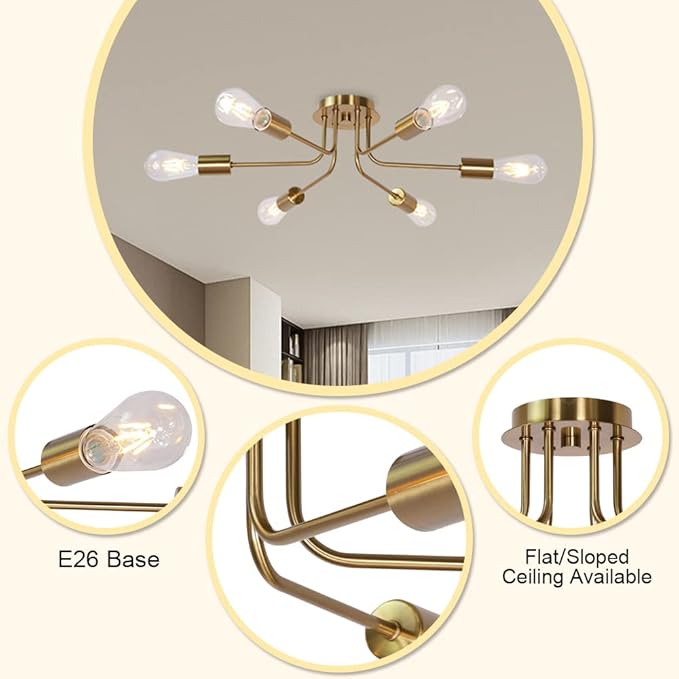 Mid Century Modern Ceiling Lighting Industrial Semi Flush Mount Light Fixture Brushed Brass 6 Light Sputnik Chandelier for Kitchen Dining Room Bedroom Living Room Foyer