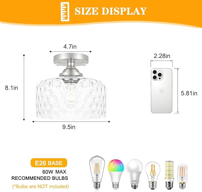 Small Semi Flush Mount Ceiling Light Fixture, Vintage Brushed Nickel Close to Ceiling Lighting with Hammered Glass Shade for Hallway, Kitchen, Entryway (Retro Design, Easy Install)