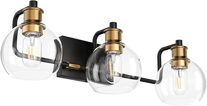 Tipace Black & Gold Vintage Bathroom Vanity Light Fixtures Over Mirror Glass Globe 3 Lights Industrial Vanity Lights Farmhouse Bath Lighting(Exclude Bulb)