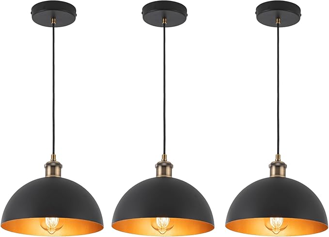 9.84" Modern Industrial Black Pendant Lights Farmhouse Dome Black Gold Pendant Lighting Fixture Vintage Golden Pendant Light for Kitchen, Dining Room, Bedroom, Hallway, Living Room, Set of 3