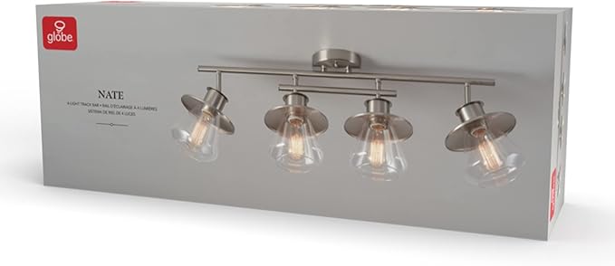 GLOBE Electric 57504 4-Light Track Lighting, Brushed Nickel, Center Bar Detail, Clear Glass Shades