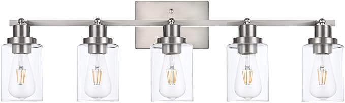5 Light Multi-Directional Track Lighting Kit Brushed Nickel Kitchen Track Lighting Fixtures Ceiling Vanity Light Fixture with Clear Glass, Modern Rotatable E26 Spotlight for Kitchen Bathroom Hallway