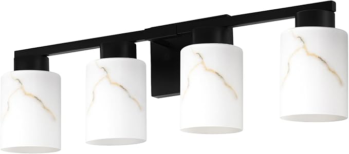 4-Light Bathroom Light Fixtures, Modern Vanity Lights, Black Metal Wall Lamp with White Marble Glass for Bathroom, Mirror, Living Room, Bedroom, Cabinet, Porch, Hallway, E26 Base