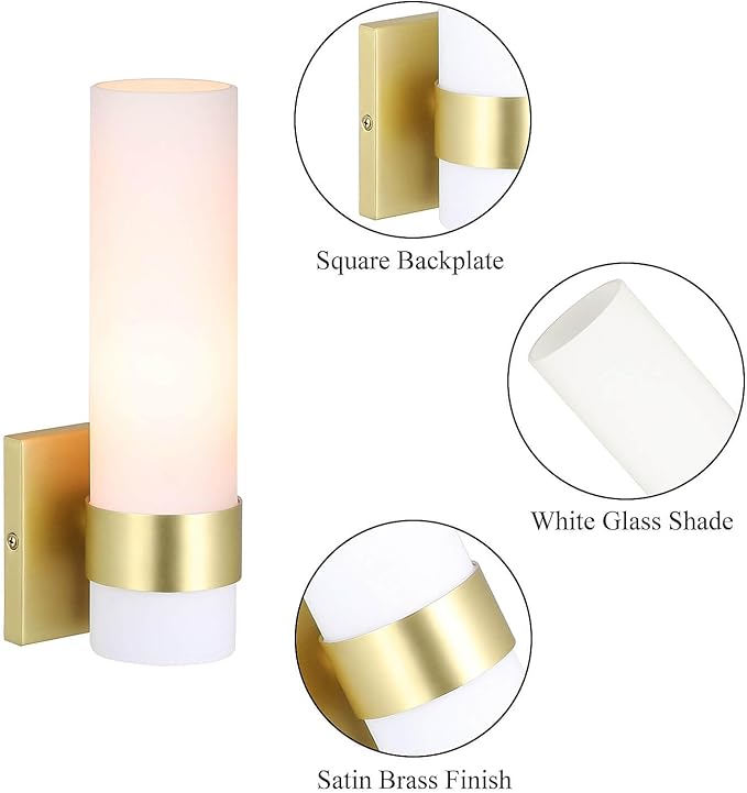 XiNBEi Lighting Sconces Wall Lighting, 1 Light ADA Wall Sconce, Vintage Bathroom Vanity Light with Tube Glass Satin Brass Finish for Kitchen & Corridor XB-W1185-SB