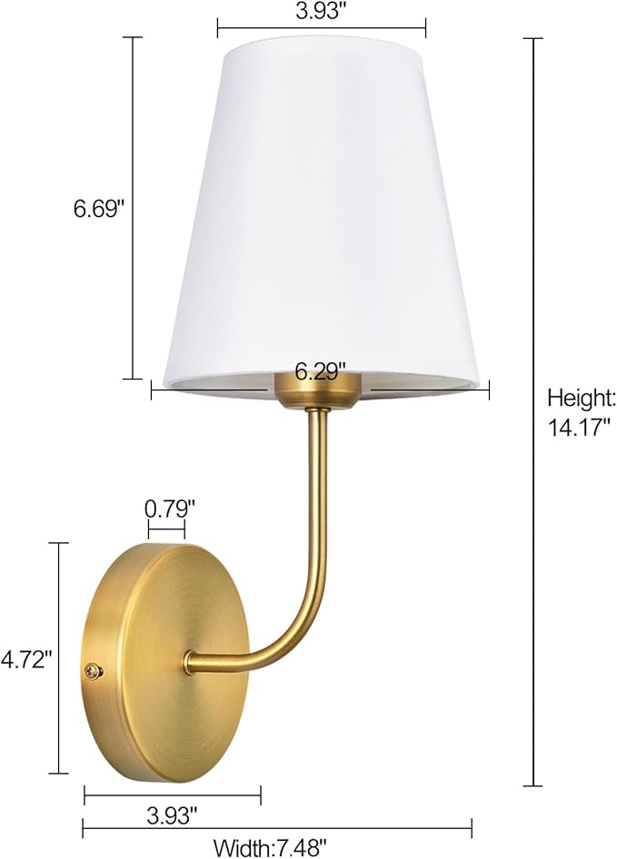 Antique Brass Hardwired Wall Sconce Set of 2 - Gold Finish with White Fabric Shades,Bedroom Lighting, Living Room, Farmhouse, Fireplace, Hallway, Bedside Lamp,Bathroom Wall Lights