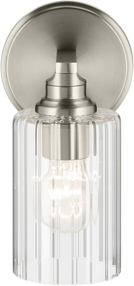 Kichler Gioe 5" 1-Light Wall Sconce with Clear Fluted Glass in Brushed Nickel, Damp Rated, for Powder Room, Kitchen, Hallway, Bedroom, Fireplace, (5" W x 9.5" H), 55224NIFLU