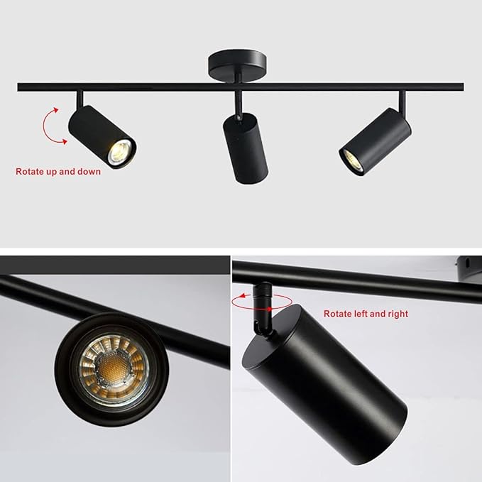 KCO Lighting Modern Matte Black Track Lighting 3-Lights Kitchen Track Lighting Fixtures Ceiling Indoor Flush Mount Ceiling Spotlights Dimmable LED Ceiling Spot Light (3-Light)