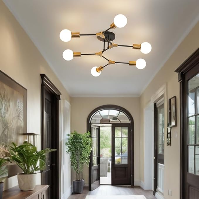 Modern Mid Centur 6 Light Semi Flush Mount Ceiling Lighting Fixture for Living Room Bedroom Dining Room Hallway Kitchen Office,Minimalist Gold and Black Sputnik Chandelier