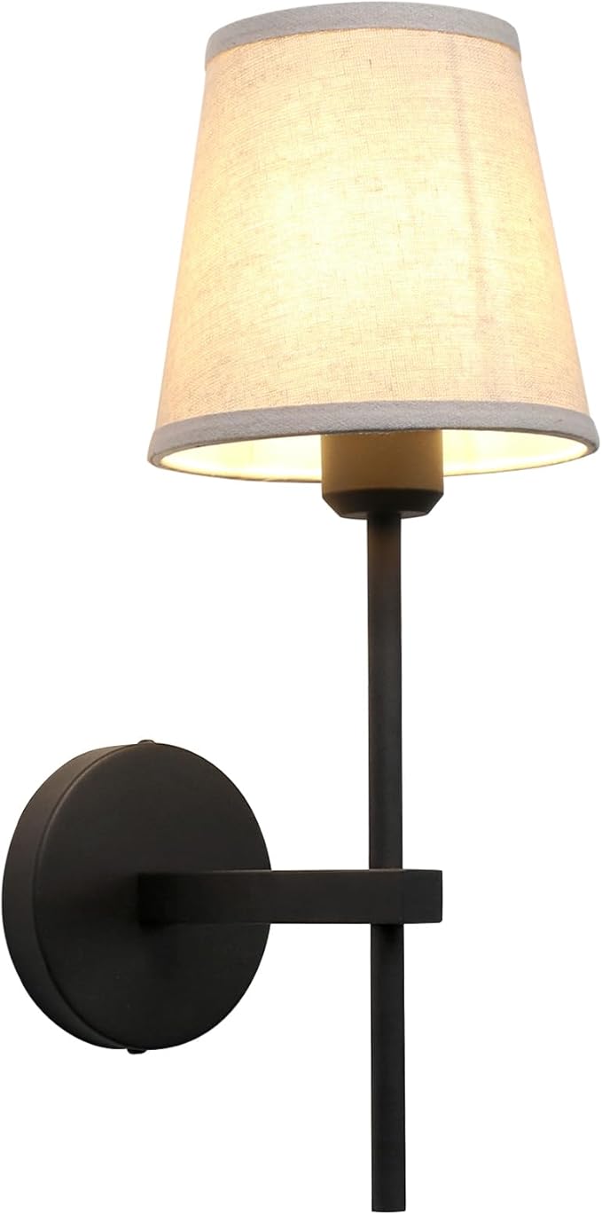 Vintage Wall Sconce with Linen Fabric Shade, E26 Bathroom Vanity Light, Hardwired Indoor 1-Light Wall Mounted Lamp for Hallway Bedside Nightstand Light