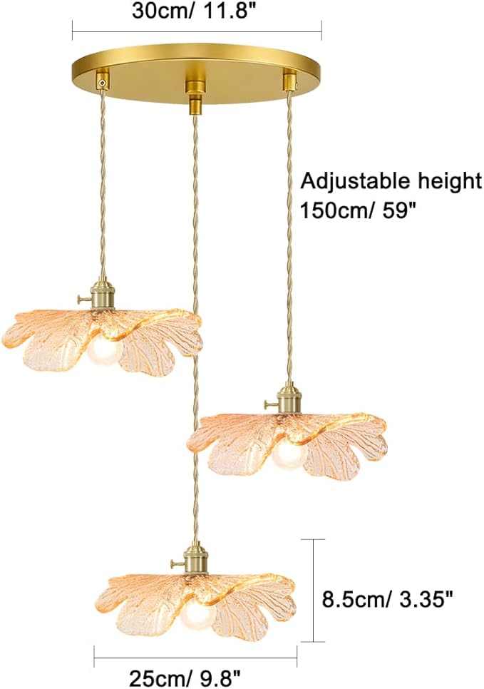 Amber Glass Pendant Chandelier, 3-Light Gold Brass Modern Light Fixture for Kitchen Island, Dining Table, Hallway & Entryway