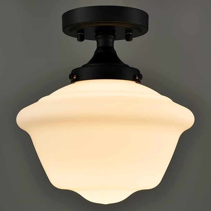 SAMTEEN Modern Black Semi Flush Mount Ceiling Light Schoolhouse Light Fixtures White Glass Ceiling Light Matte Black Flush Mount Light for Bedroom Hallway Kitchen Foyer Living Room