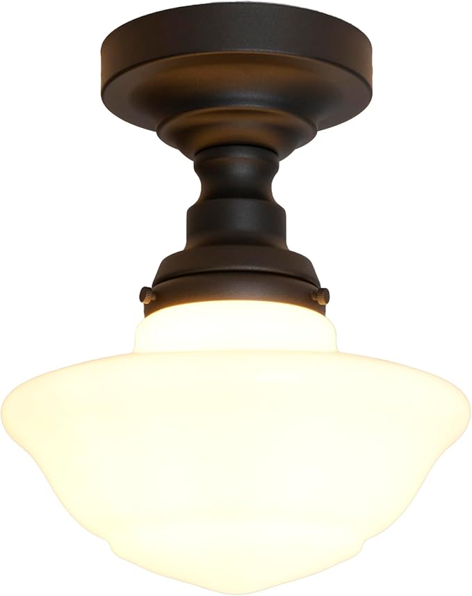 Modern Schoolhouse Semi Flush Mount Ceiling Light with Milk White Glass Lampshade, Industrial Close to Ceiling Light Fixture for Farmhouse Bedroom Hallway Entryway