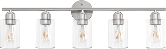Espird Bathroom Vanity Light Fixtures Brushed Nickel Bathroom Lighting Fixture, 5 Lights Bathroom Light Fixture Over Mirror, Modern Black Vanity Light, Wall Sconces with Glass Shades