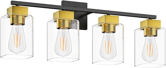 Espird 4 Light Bathroom Vanity Light - Black and Brushed Gold Bathroom Light Fixtures UL Certification, Square Light Fixture Over Mirror, Farmhouse Light Fixtures for Bathroom & Bedroom