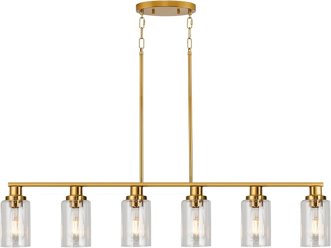 Kitchen Island Lighting, 6-Light Modern Dining Room Light Fixture Over Table,44.3'' Vintage Farmhouse Gold Linear Chandelier, Industrial Pendant Lights for Kitchen Island with Clear Glass Shade
