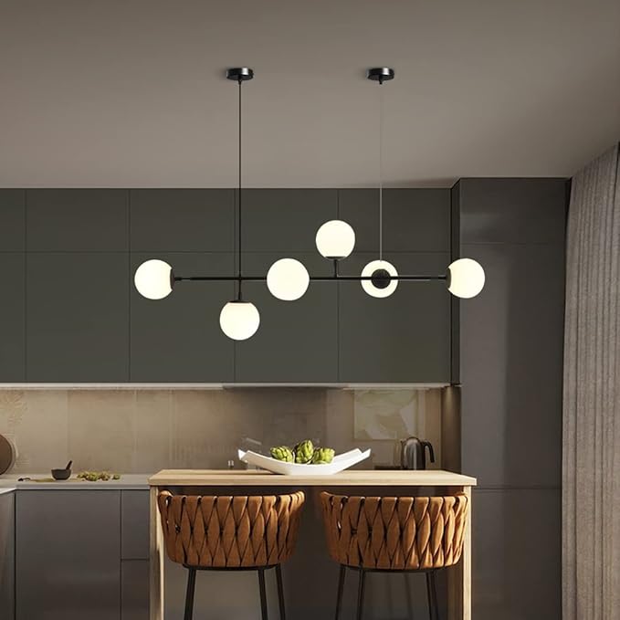 BOKT Mid Century Modern 6-Lights Pendant Light Milk Glass Globe Round Sputnik Chandelier Black Linear Pendant Light Kitchen Island Chandelier Lamp Ding Room Light Fixture