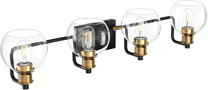 Tipace Industrial Bathroom Vanity Lighting Fixtures 4-Lights Vintage Black & Brass Finish with Globe Clear Glass Vanity Lights Farmhouse Bath Lighting(Exclude Bulb)