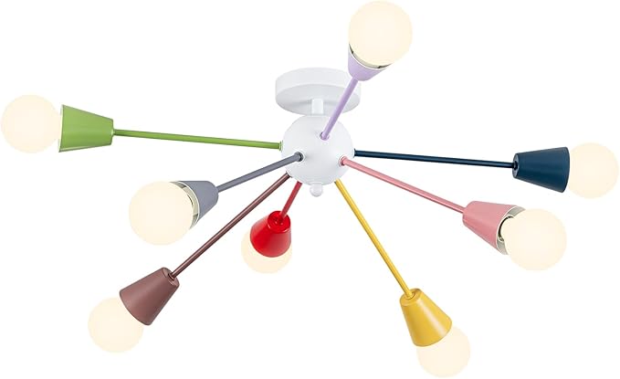 33 Inch Colorful Sputnik Chandelier, 8-Light Kids Ceiling Light Fixture, Modern Semi-Flush Mount Lamp for Children's Bedroom,Playroom, Nursery, Dining Room, Kitchen, Entryway