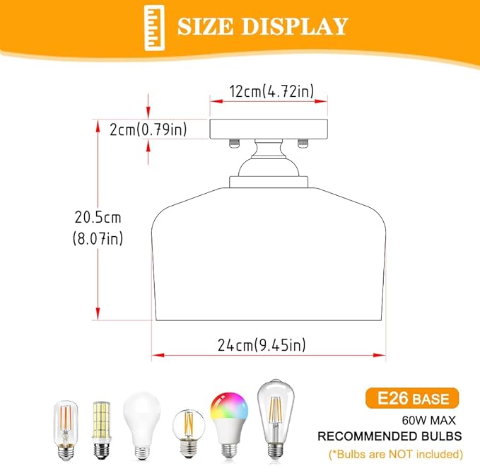 Brushed Nickel Semi Flush Mount Ceiling Light, Antique Ceiling Light with Glass, Indoor Close to Ceiling Light Fixture, Entryway Light Fixtures, Overhead Lighting Fixture for Hallway Kitchen Bedroom