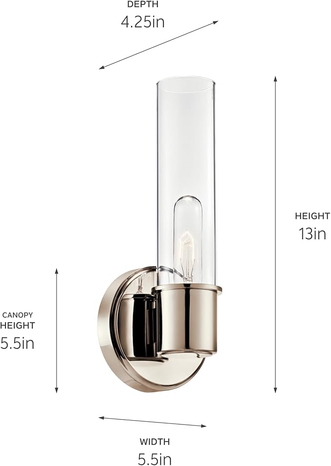 Kichler Aviv 1-Light Wall Sconce, Modern Light with Clear Glass in Polished Nickel, for Bedroom, Laundry Room, Kitchen or Hallway (13" x 5.5"), 52653PN