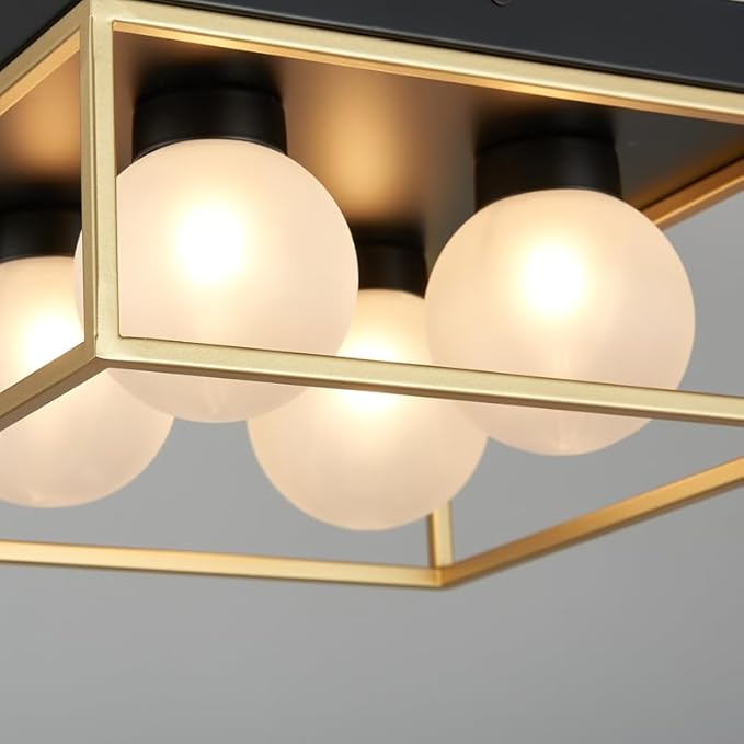 AGV LIGHTING Modern Flush Mount Ceiling Light, Black and Gold Ceiling Light Fixture with 4 Frosted Glass Globes, Semi Flush Mount Ceiling Lamp for Bedroom Kitchen Hallway Entryway