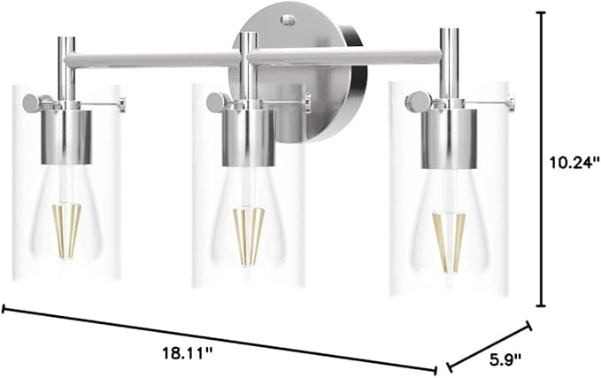 Indoi 3-Light Brushed Nickel Bathroom Vanity Light Fixtures, Clear Glass Shade Wall Sconces for Mirror, Bedroom, Living Room, Hallway