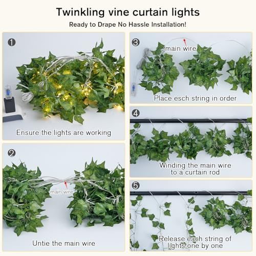 JMEXSUSS Vines Lights for Bedroom, 200 LED Vines Fairy Lights, Artificial Ivy Leaf Light for Wall Curtain Wedding Party Christmas Indoor Decor, 6.5ft x 6.5ft with Remote (Pack of 2)