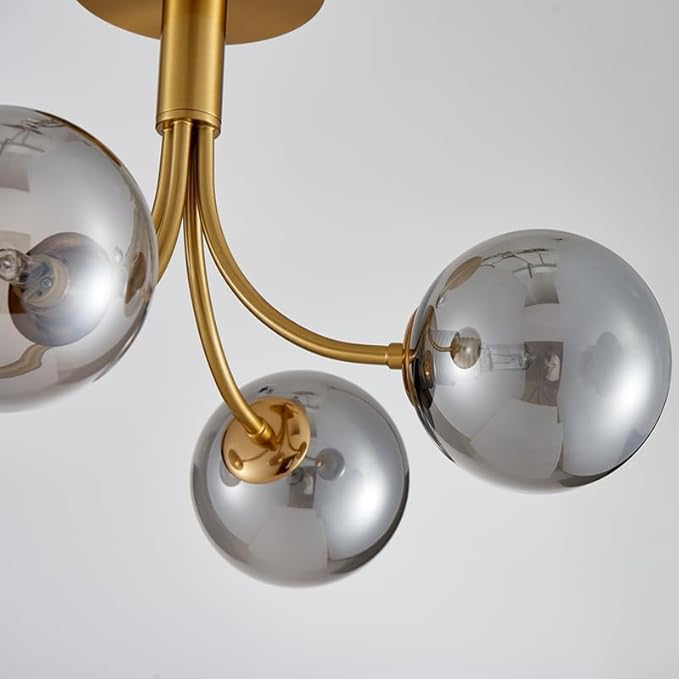 AGV Lighting Modern Semi Flush Mount Ceiling Light Fixture, 4-Light Gold Flush Mount Chandelier with Smoky Silver Glass Globe Shades, 18" L x 12" H Metal Ceiling Lamp for Bedroom, Dining Room, Kitchen