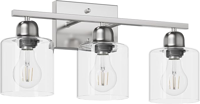Modern Brushed Nickel 3 Light Bathroom Light Fixtures,19 inch Vanity Lights for Bathroom with Clear Glass Over Mirror for Mirror Kitchen Living Room
