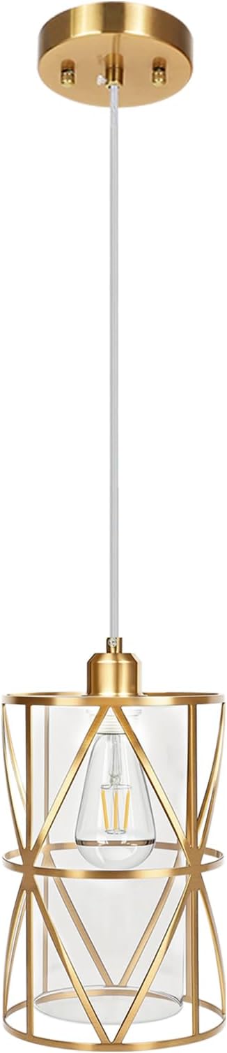 Brushed Gold Pendant Light, 5.4"×7.9" Dual-Shade Kitchen Island Lighting with Clear Glass Shade, E26 Adjustable Height 1"-61", UL Listed, for Dining Room Foyer Entryway — Bulbs Not Included