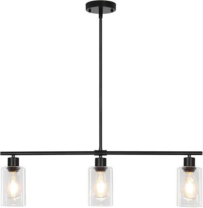 Kitchen Island Lighting, 3-Light Black Island Lights for Dining Room Light Fixture Over Table, Modern Linear Chandelier with Clear Glass Shade, 31" Farmhouse Hanging Pendant Light Fixtures for Kitchen