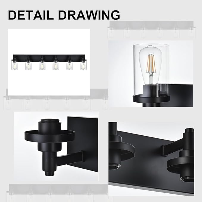 Black Bathroom Vanity Light Fixture,6 Light Vintage Bathroom Lighting Fixtures Over Mirror with Clear Glass Shade Wall Lighting Fixture for Kitchen Living Room Dresser Bedroom Corridor